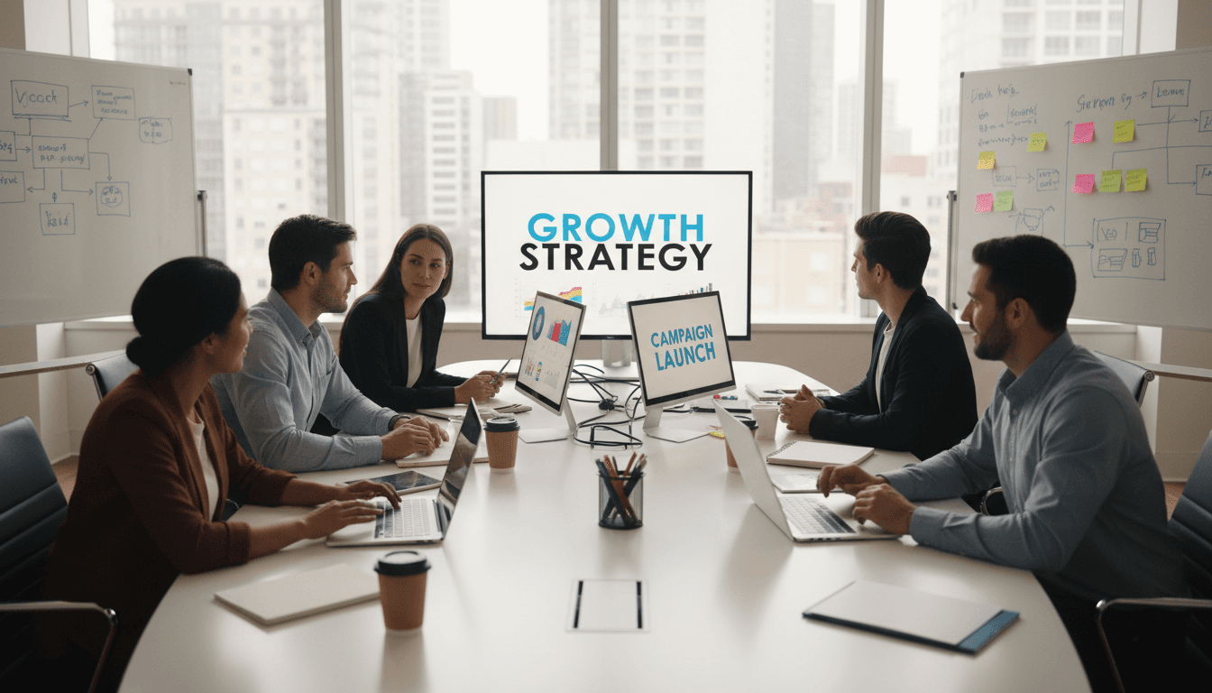 Marketing professionals working together on digital strategy and creative campaigns in bright modern workspace