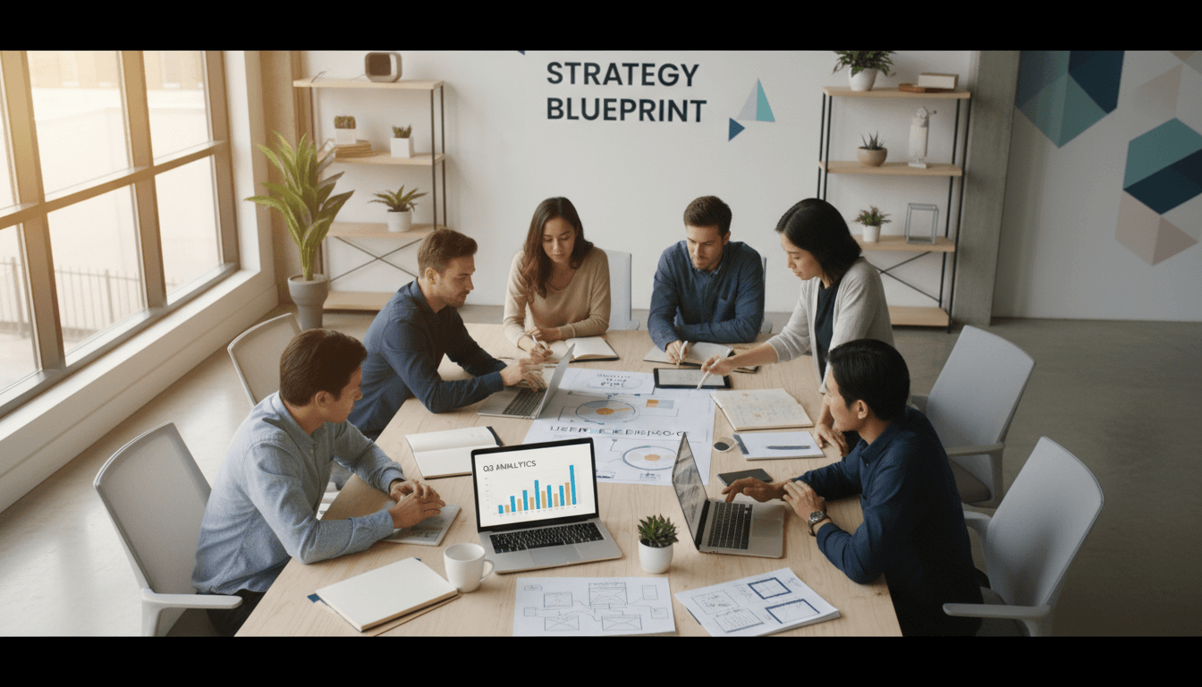 Digital marketing team working together on creative campaign strategy in modern office