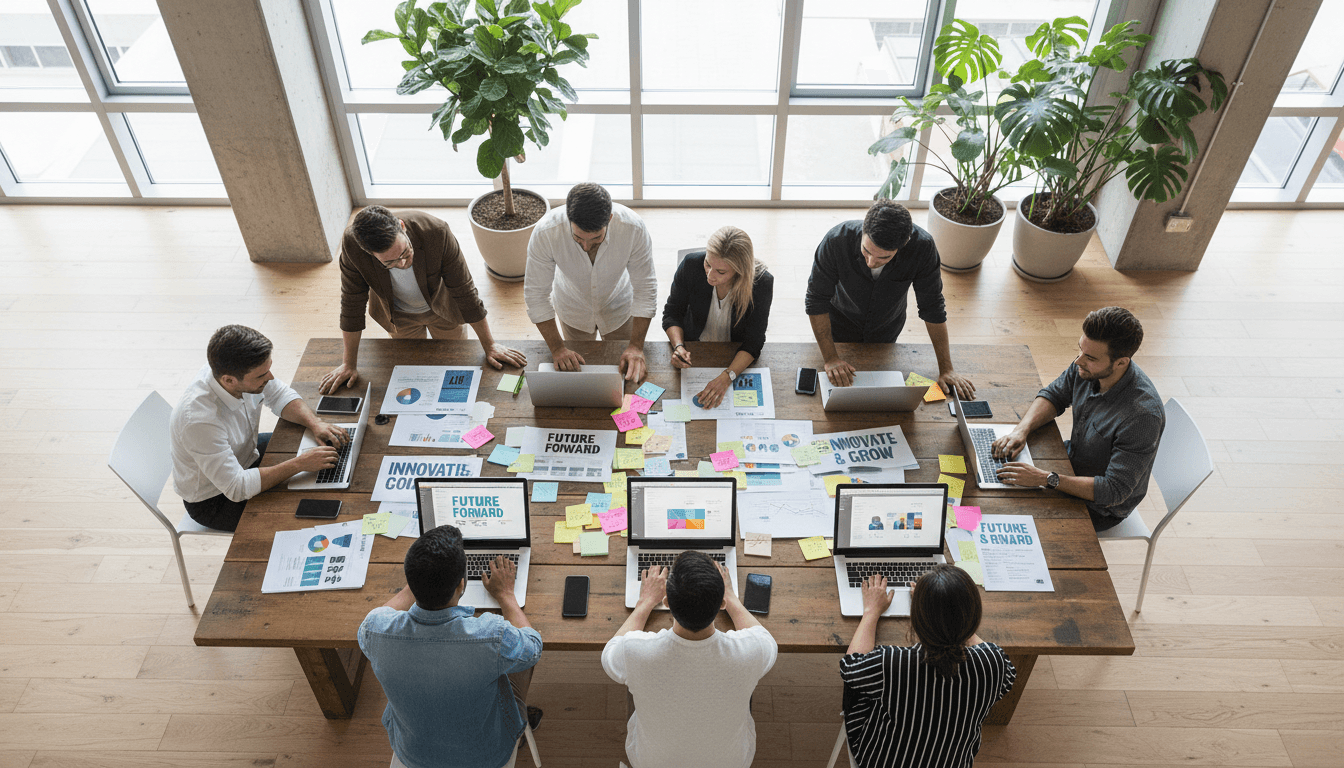 Marketing professionals working together at a collaborative workspace with laptops and strategy notes