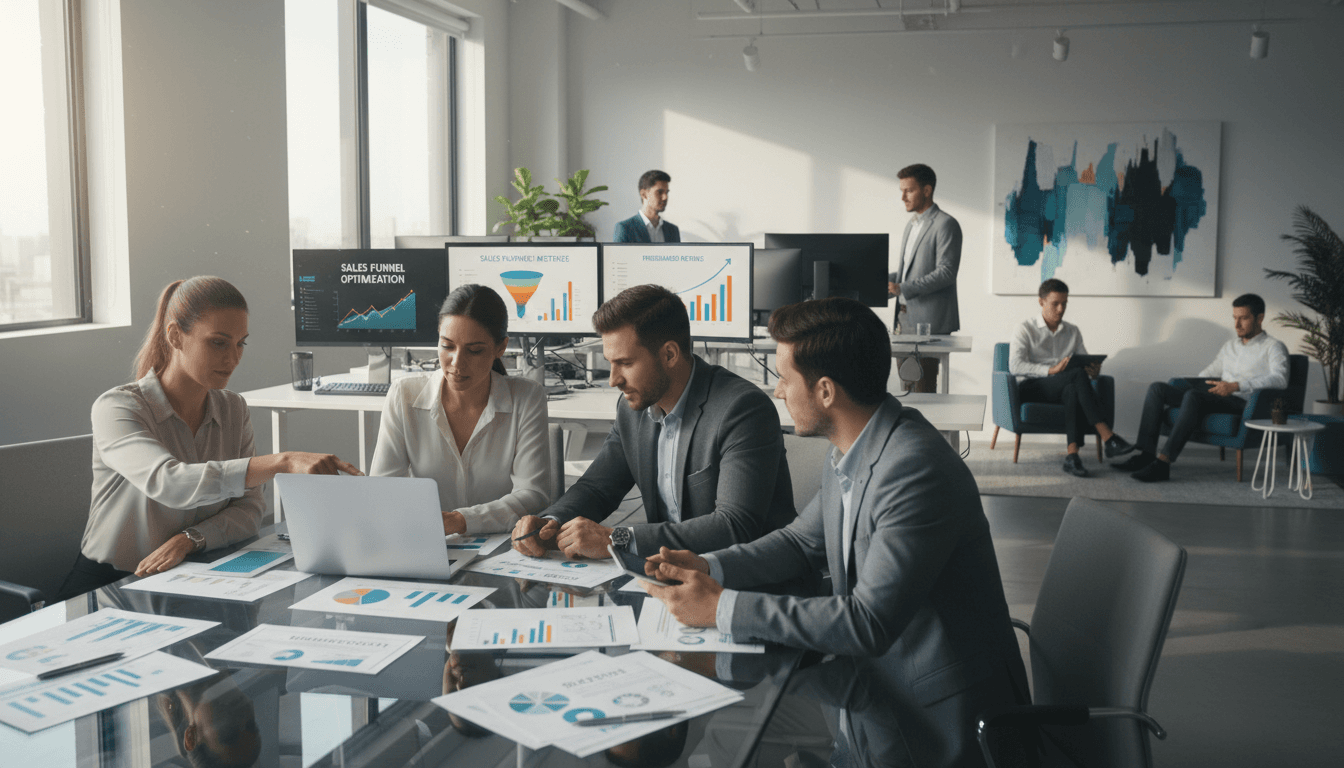 Team members collaborating on digital marketing strategy at a modern office workspace